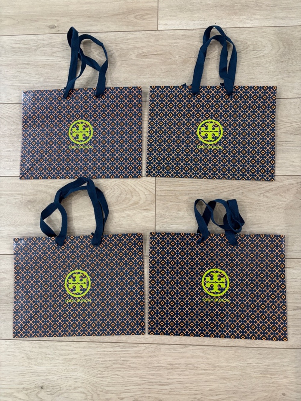 NEW Tory Burch Patterned Small Tote Bag Set of 4 - Navy and Orange, Lime Logo